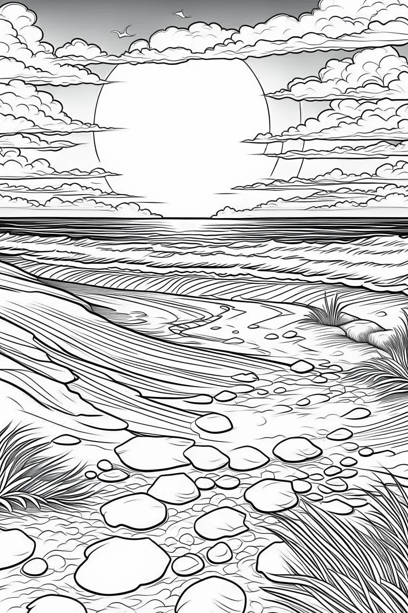 A serene beach at sunset, with footprints leading into the distance along the shore, evokes a sense of relaxation and escape from daily constraints., coloring book page, simple and clean line art, adult drawing book, black and white, crisp black lines, no shades, sharp lines, coloring book for adults, cartoon style, landscape