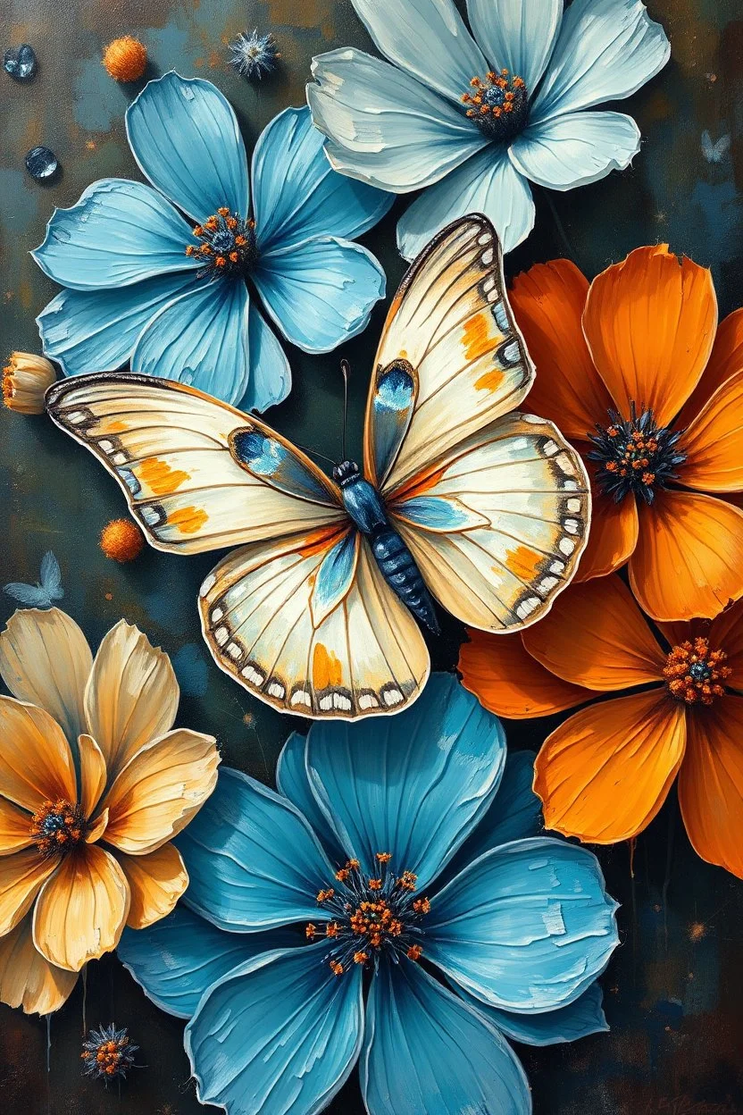 "An oil painting with rich textures and expressive brushstrokes depicts a butterfly among flowers in shades of blue and orange. The butterfly harmonizes with the scene, featuring soft patches of cream, bluish-gray, and subtle amber hues that blend with the warmth of the flowers. The flowers are painted in a vibrant artistic style, with ethereal petals in shades of sky blue, turquoise, and sapphire, contrasting with warm oranges, ochres, and golds. The soft lighting creates a cozy atmosphere