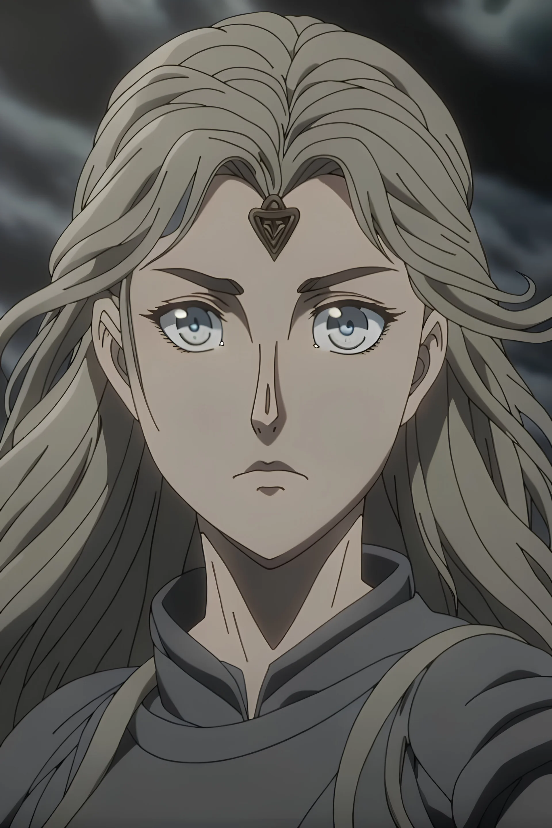 Berserk screencap of a female with heavy eye bags and long, wavy light hair and blue eyes. Beautiful background scenery of a Gothic army behind her. With studio art screencap.