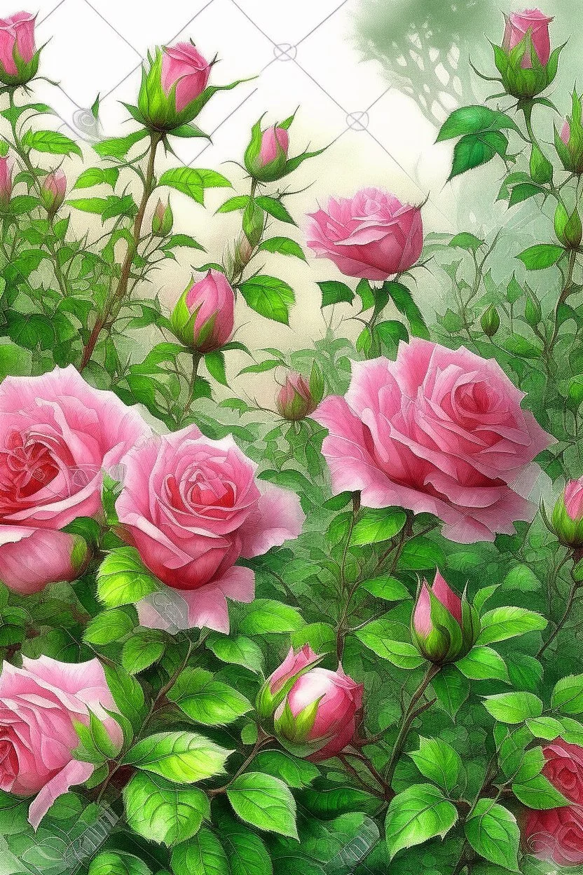 Watercolor, a bush of bright pink tea roses strewn with flowers, ultra-detailed, morning, rain, greenery, beautiful landscape, fog, many details, delicate sensuality, realistic, high quality, 3d, work of art, filigree, misty haze background, professional, transparent, delicate pastel tones, back lighting, contrast, fantastic, unreal, translucent, glowing, clear lines, epic fabulous, fabulous landscape, hyperrealism