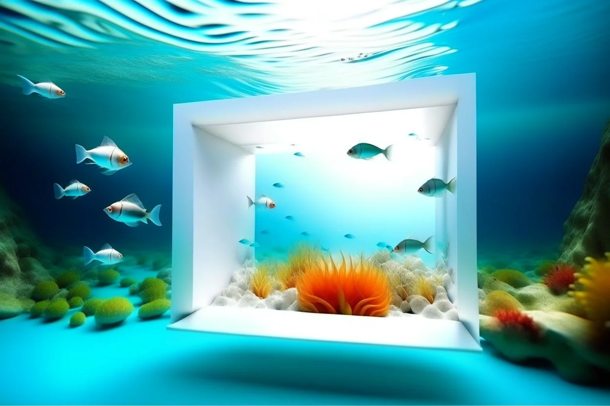 white,background,looking,through,a 3-d, square hole,watching,tropical,fish,swimming,in,the,ocean