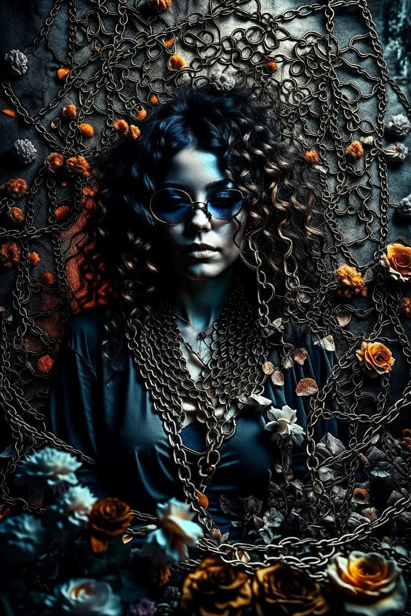 abstract creation of a beautiful girl with black curly hair, surrounded by black roses, thick metal chain broken, glass petals on the ground, autumn colours,dried out thorn bush, chaos,