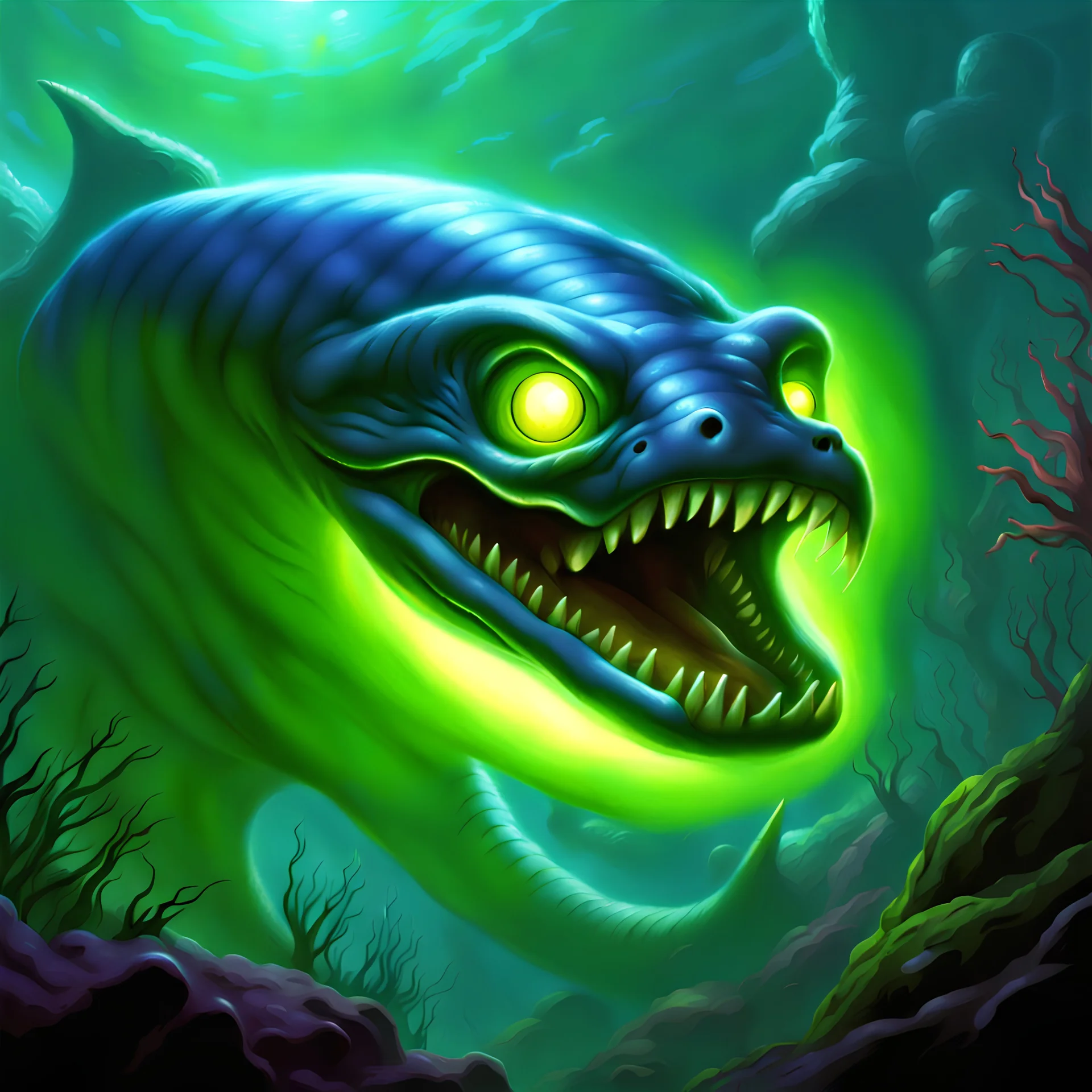 90's tcg fantasy art electric eel glowing eyes and underwater