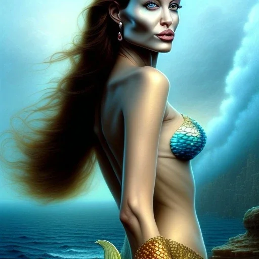 A beautiful portrait of Angelina Jolie as a mermaid , leaning on a ships deck ,Rough sea in the background, (digitall art by Eugene de Blaas and Ross Tran, vibrant color scheme, highly detailed, in the style of romanticism, cinematic, artstation best quality, realistic lighting, masterpiece portrait, details light dusting , cowboy shot from above, simple chain hauberk Vector art digital illustration 3D shading )