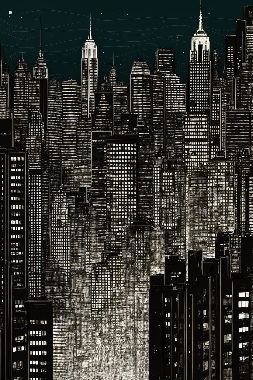 New York City buildings at night in Abstract Fluid, clear sky thin line draw texture