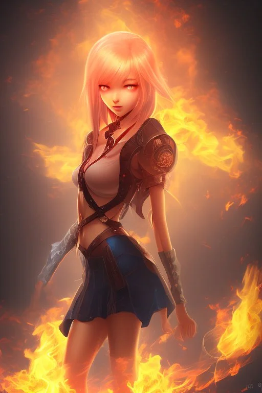 3d misterious Anime girl close and personal in fire background