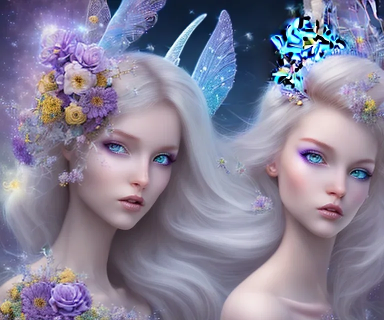 mondo fairy (fiori, violetti, bianchi, blu e gialli) con una splendida fate dal volto bellissimo, viso bello con occhi chiari e capelli biondi con le ali cristallo sopra un unicorno