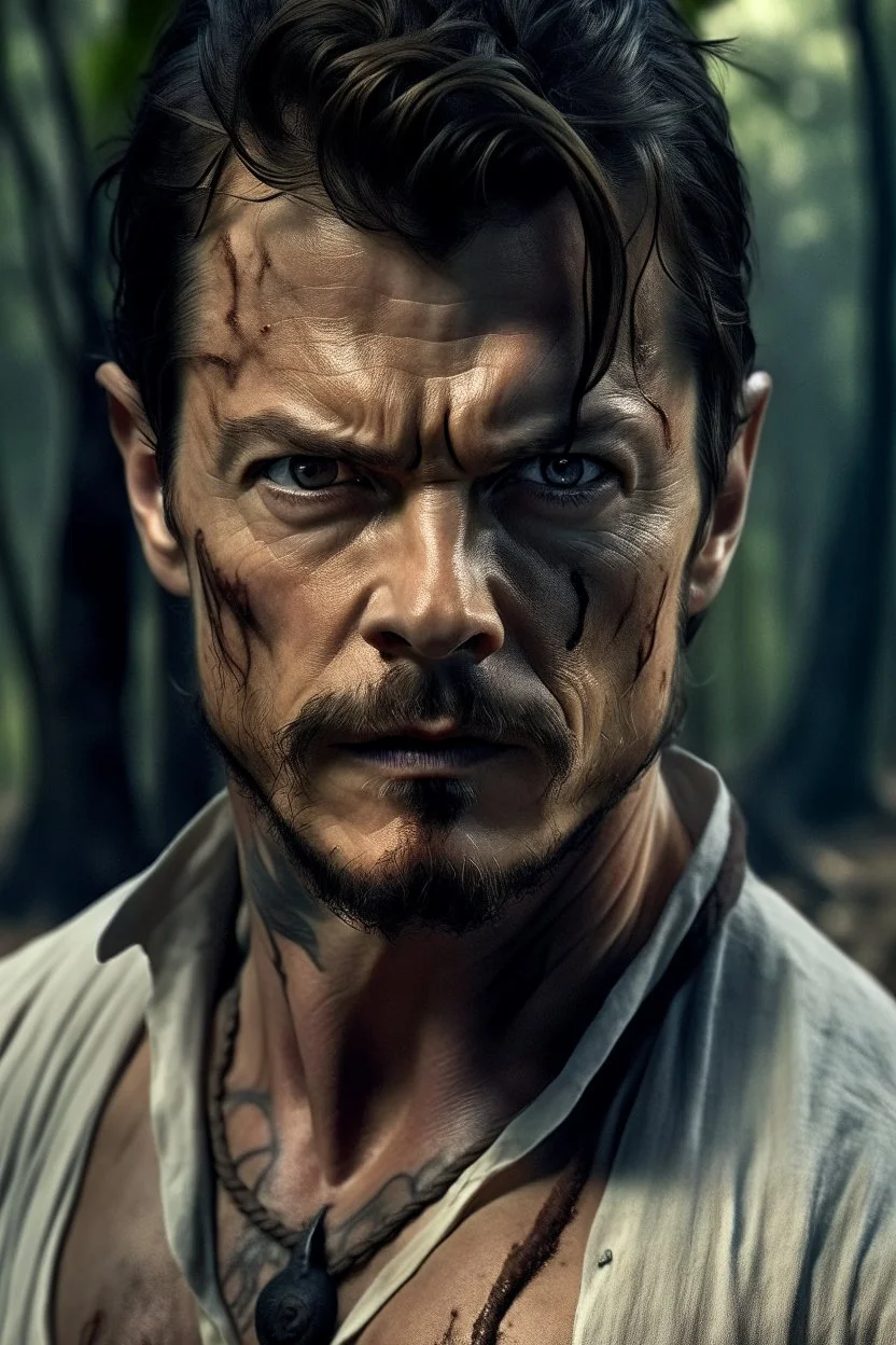 Portait Josh Duhamel as fantasy alpha werewolf in human form very muscular short cropped hair and rough beard, tribal tattoos wearing white button up shirt with rolled up sleeves realistic face, close-up, dark fantasy, fantasy forest, intricate details, hyper detailed, photograph