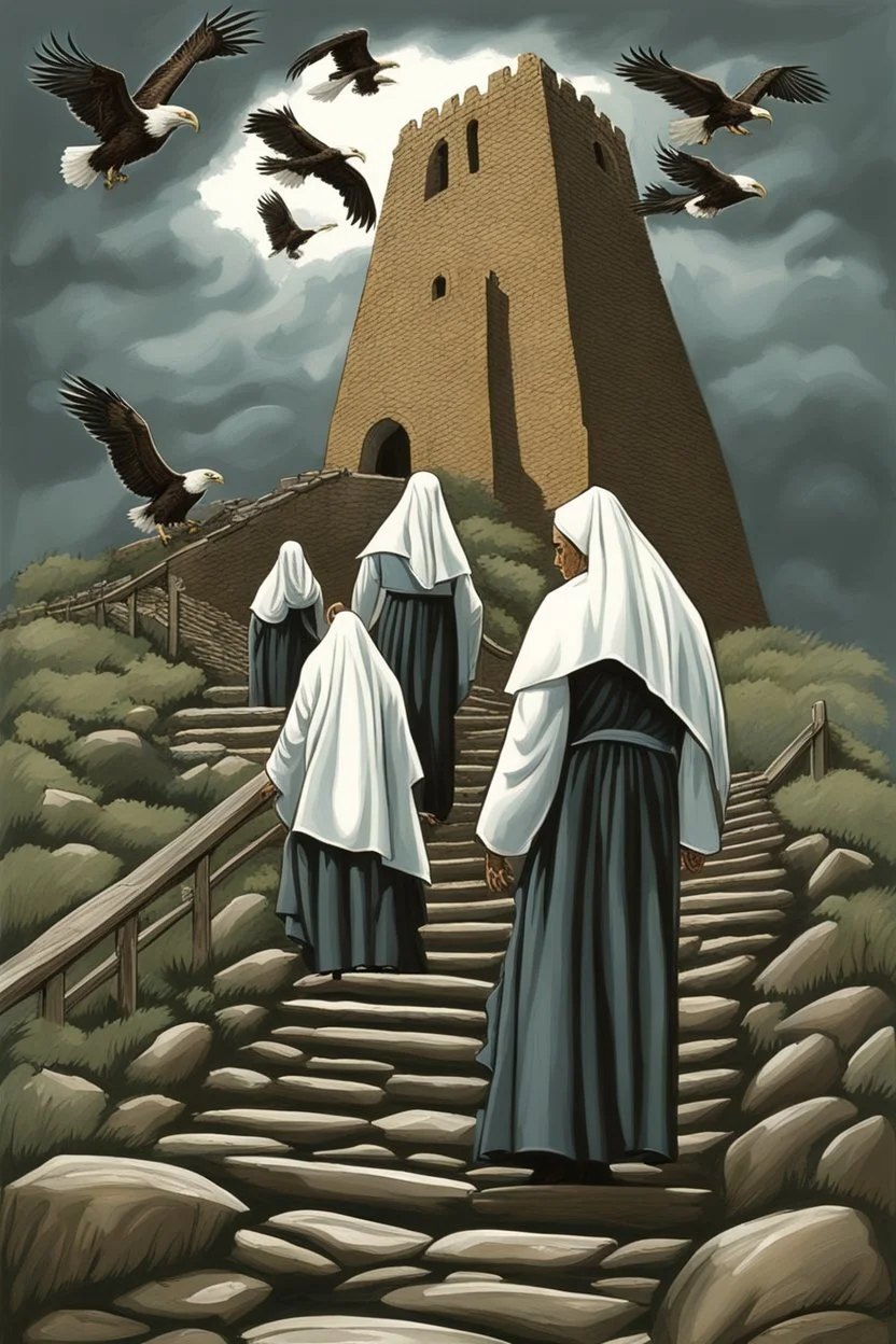 nuns in white climbing up broken stairs leading up a steep hill to an old crumbling tower. Storm clouds. Eagles flying around the tower. By artist "Bluefooted",by artist "Peter Hurd"