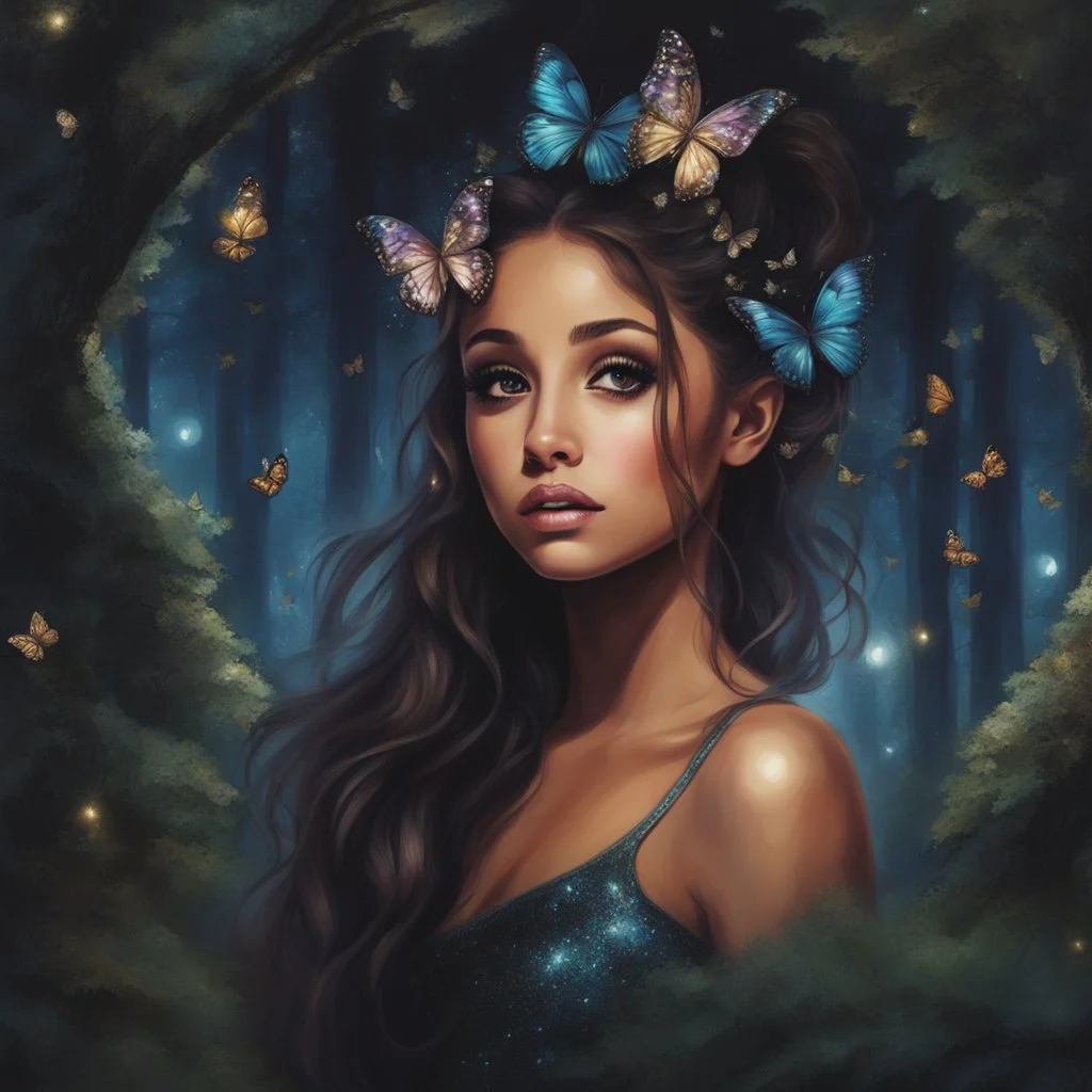 Painting of a beautiful girl, beautiful, pretty face, young girl, fantasy art, Ariana Grande's face, dream, trees, forest, dark night, song, glitter butterflies, fantasy