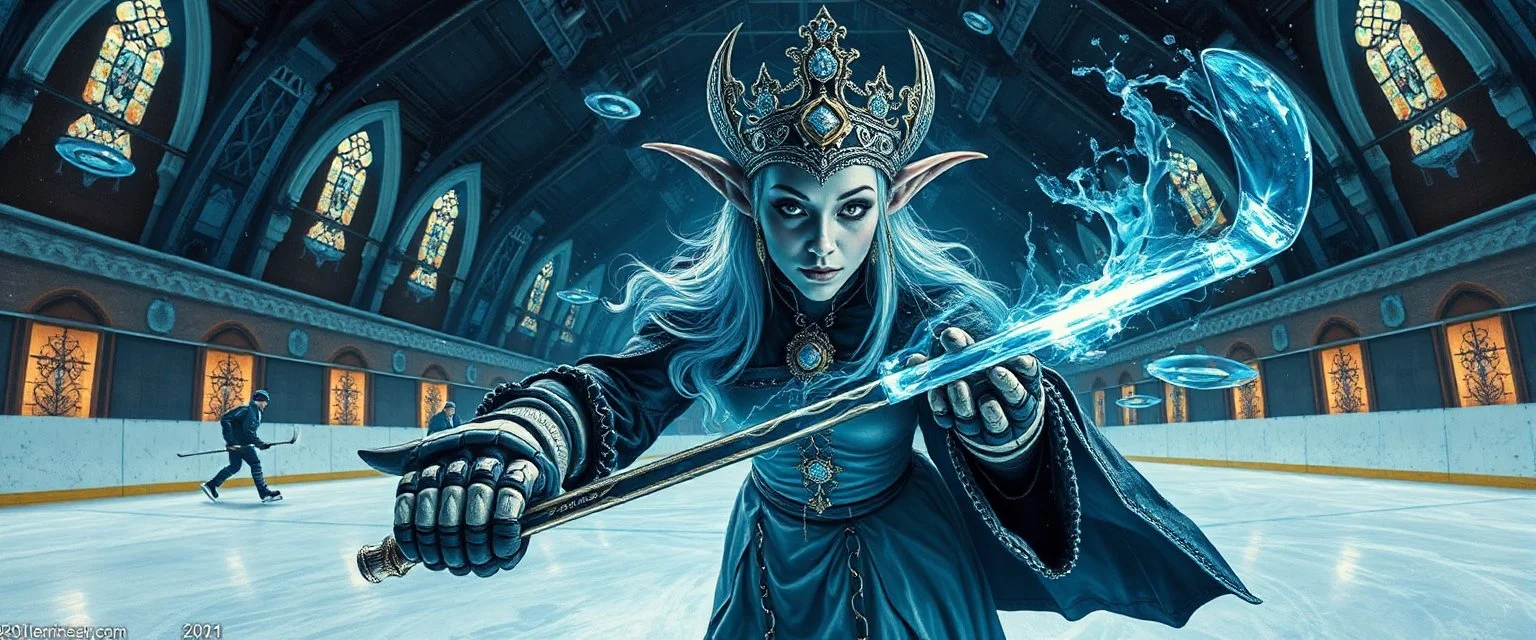 portrait of ice queen with dual wield magical aura hockey staff, pin hole cam, master oil painting by Rembrandt, d&d glam rock and glitter vampire gremlin illithid and lich playing hockey in ice skating hall or church, in the style of giger and escher, sci fi with floating little saucers