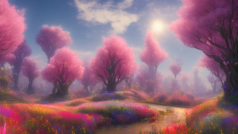 red and gold crystal cosmic and galactic ambiance hill sky sunny flowers trees futuristic landscape, full of details, smooth, bright sunshine，soft light atmosphere, light effect，vaporwave colorful, concept art, smooth, extremely sharp detail, finely tuned detail, ultra high definition, 8 k, unreal engine 5, ultra sharp focus