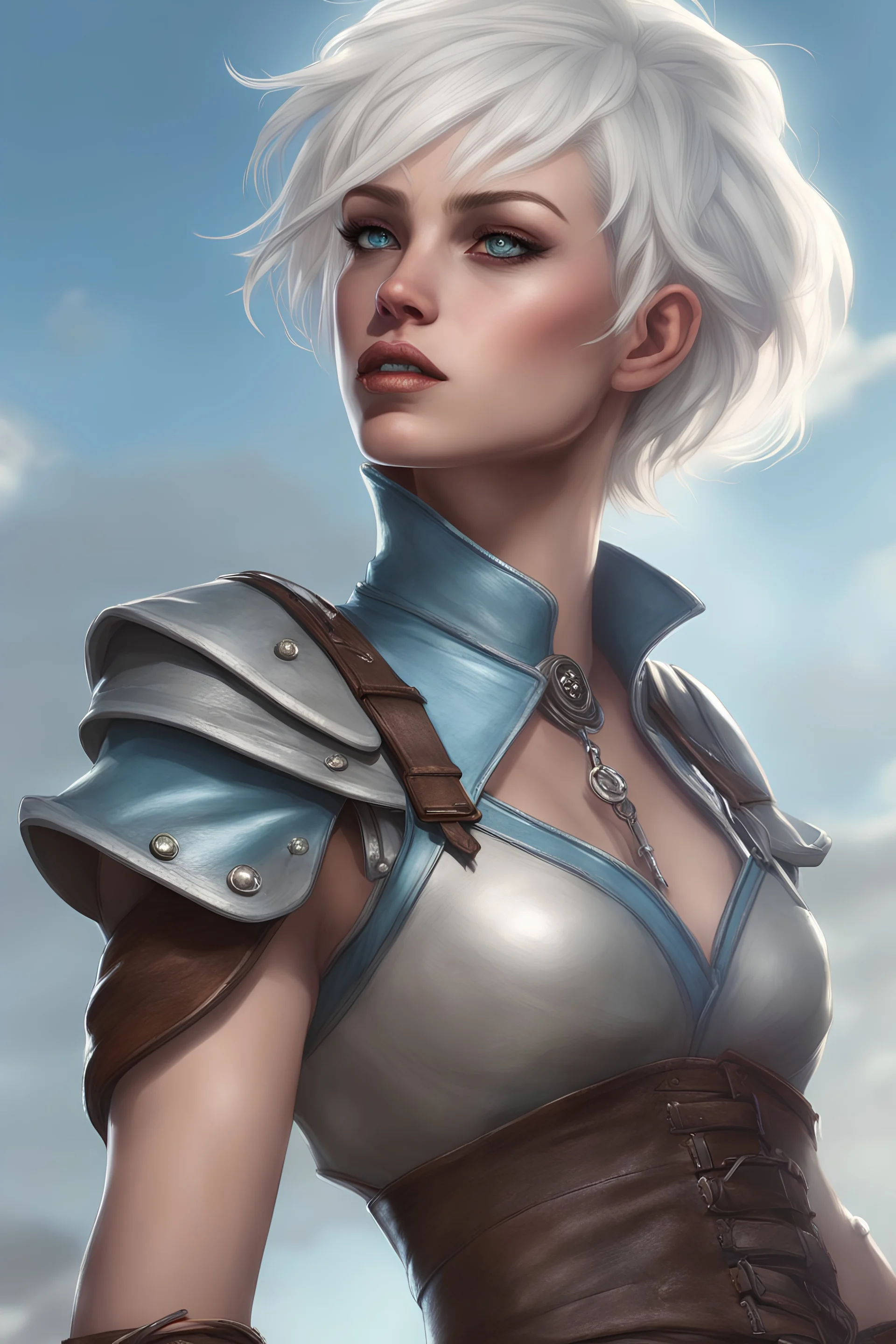 create a young female air genasi from dungeons and dragons, white short hair, undercut, light blue eyes, wind like hair, wearing hot leather clothing that also looks studded, she is smoking, realistic, digital art, high resolution, strong lighting