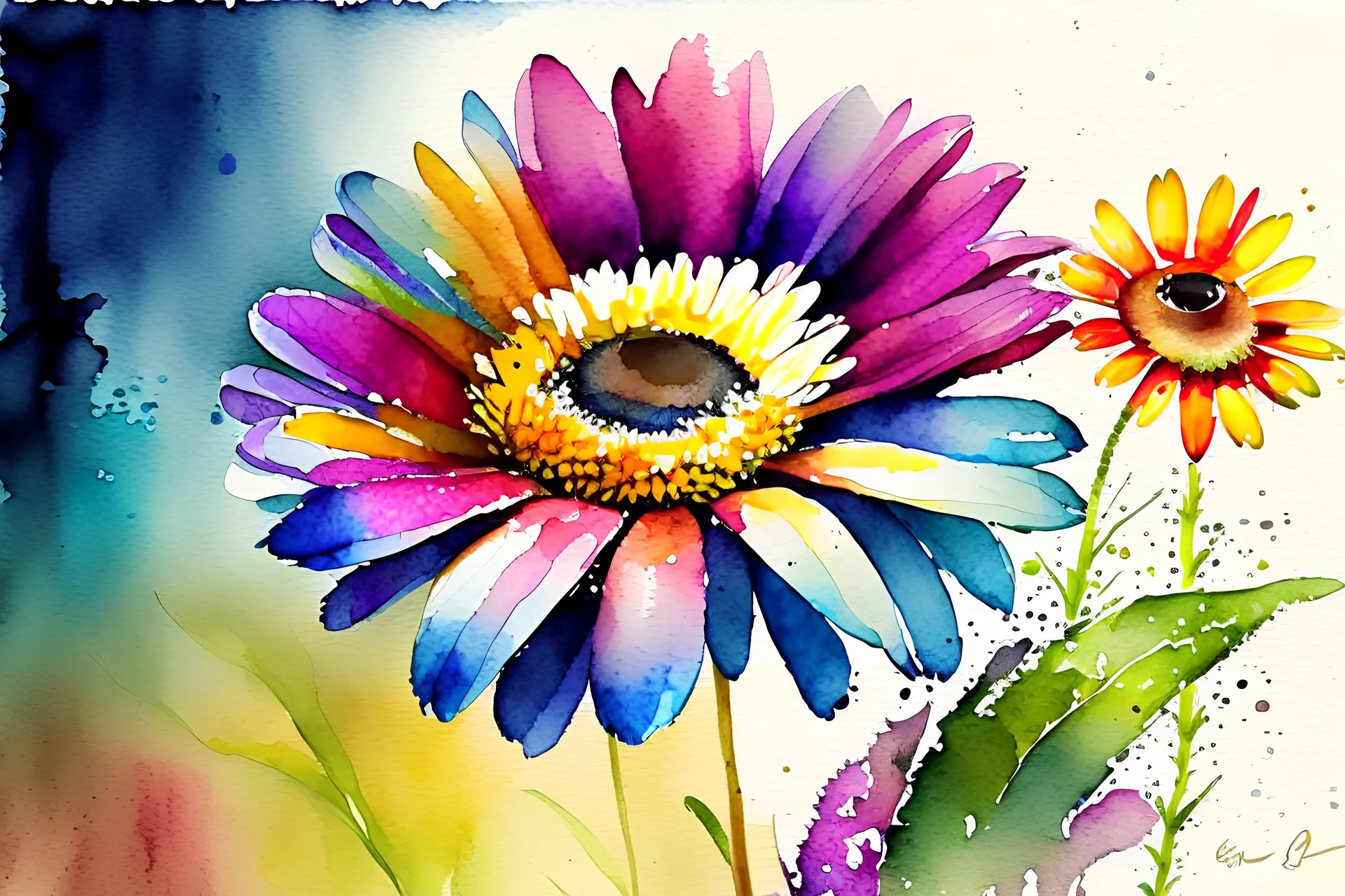 one small daisy flower next to big colorful exotic flowers, watercolor