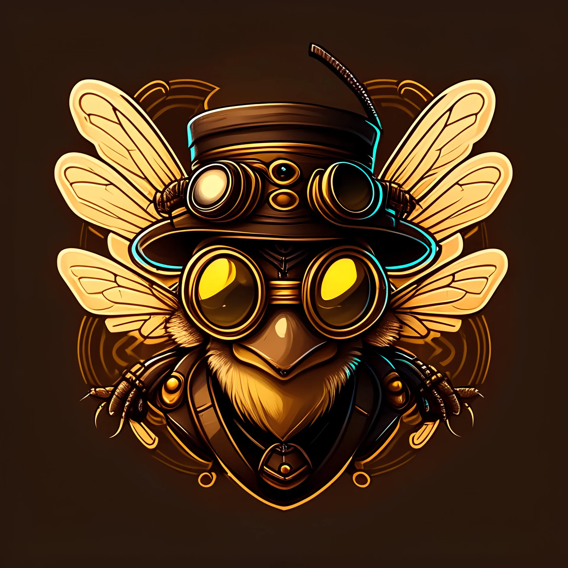 logo bee wearing steampunk googles and hat, flat cartoon style dark background