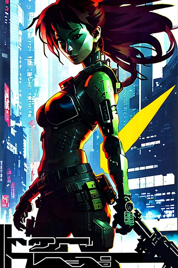 Tori Amos as a cyber punk mercenary girl , painting by Yoji Shinkawa and Katsushika Hokusai, highly detailed facial features, finely drawn and inked, 4k, huge girl