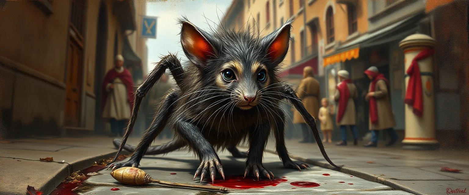 portrait of a hairy rock star spider rat cat, fantasy art, style of Rembrandt,Dead drop discovery: While walking, a party member stumbles upon a small, blood-stained package hidden in a gutter. It contains a coded message to a cult of the Dead Three. 9-10 Parade of the Patriars: A noble's procession blocks the street. The crowd is forced to bow, and guards roughly shove anyone who doesn't move quickly enough.