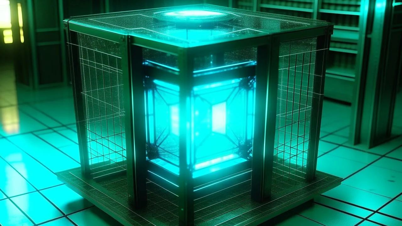 Cube tesseract from movie Loki. Tesseract size must be half of ration size. Located strictly in the middle of picture with space around it and with navy blue/green glow inside tesseract. Without surface/table on which it stay.