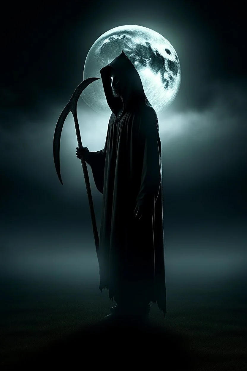 mysterious, hooded figure with a scythe, standing in a misty graveyard under a full moon. The figure should be shrouded in darkness, with only the eerie glow of their eyes and the blade of the scythe visible.