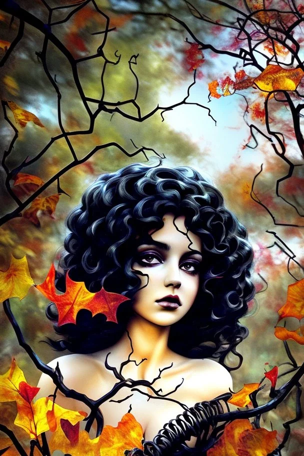 abstract creation of a beautiful girl with black curly hair, surrounded by black roses, thick metal chain broken, glass petals on the ground, autumn colours,dried out thorn bush, chaos,