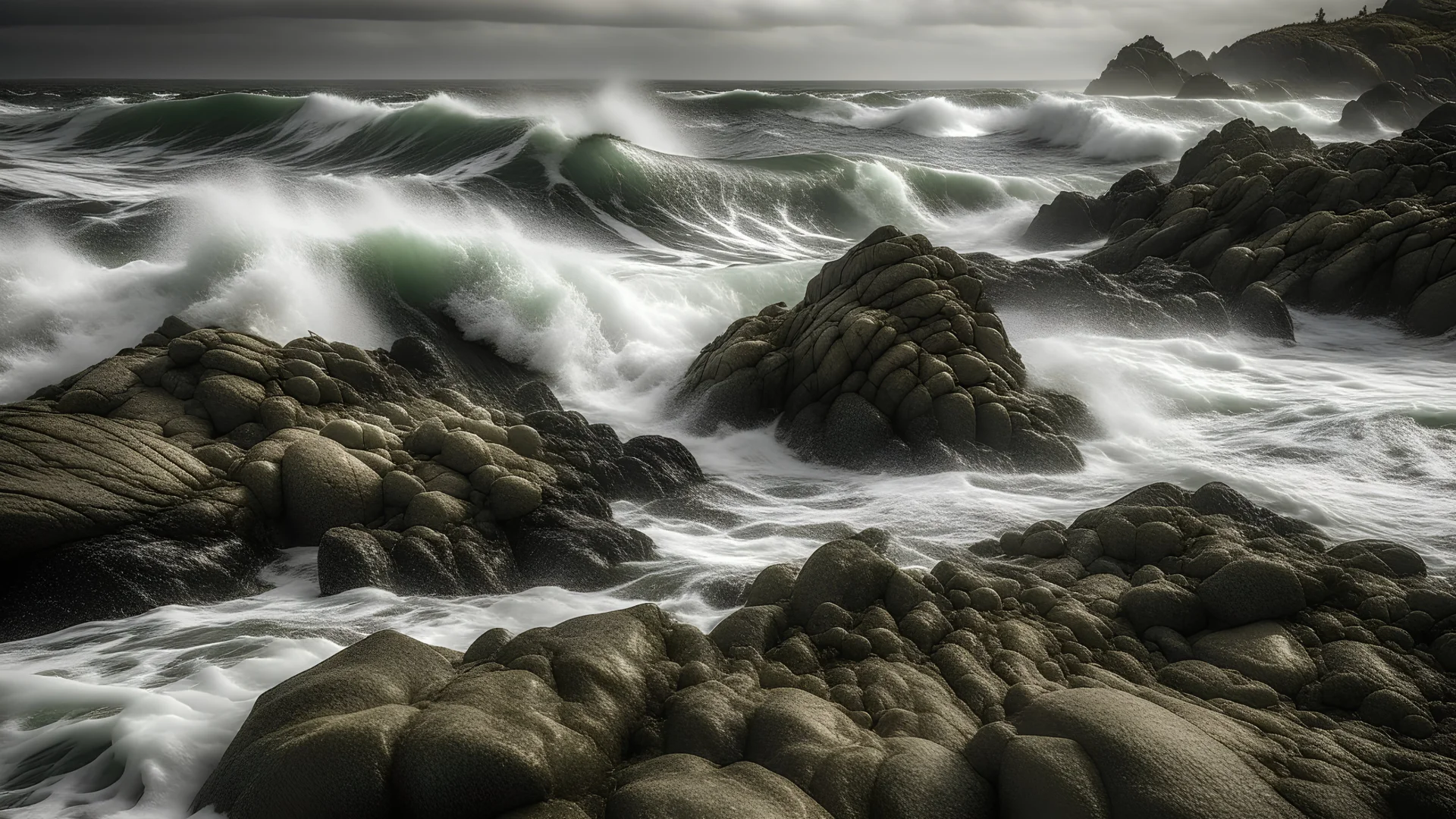 Winter's Rocky Coastline A rugged, rocky coastline battered by a fierce winter storm. The waves crash against the rocks, showcasing nature's raw power and untamed beauty.