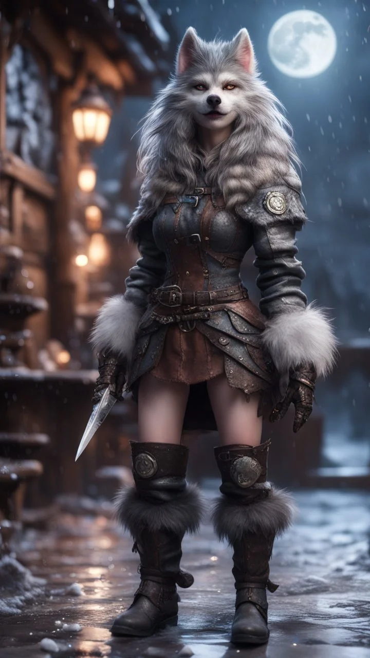 wearable tech, wolfs mane,moon, fluffy boots, full figure with metallic stone gauntlets holding dark jagged dagger, standing on frozen wet tiled floor outside fantasy tavern, focused female brownie vampire gnome from worms armageddon wearing makeup, bokeh like f/0.8, tilt-shift lens 8k, high detail, smooth render, down-light, unreal engine, prize winning