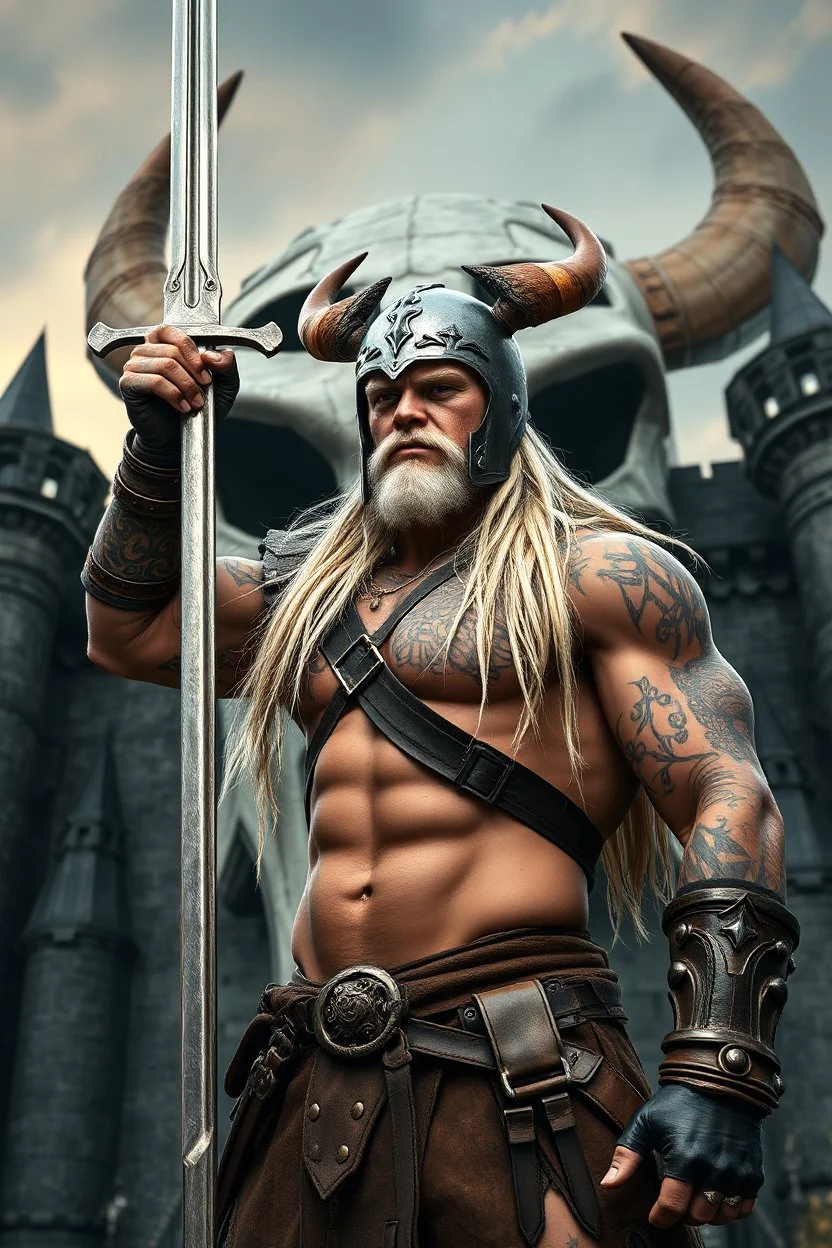 Snot Bubbles, an extremely muscular 18-year-old Cotar the barbarian with tattoos, battle-scarred face, and long, shoulder-length bleach-blonde hair wearing leather shoulder and chest harness and armor, loincloth and a steel war helmet with horns and a buffalo hide brim, standing in front of a giant, skull-shaped castle raising the sword in his hand to the sky, 1200ppi, 2000dpi, Ultra-HD, hyper realistic, photorealistic, lifelike, professional grade photography, digital art