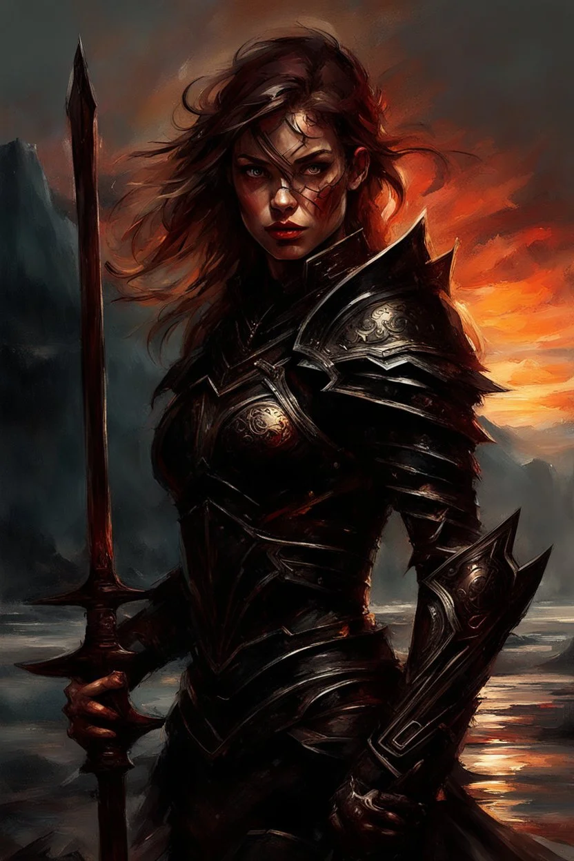 A formidable warrior girl in black armor, on the background Amazing gloomy landscape, flooded with sunset, mountains, trees, fabulous scary hero, , juicy emotions, painting, dark fantasy, bad weather, gloomy day, dark world, by Raymond Swanland & Alyssa Monks & Anna Razumovskaya & James Paick