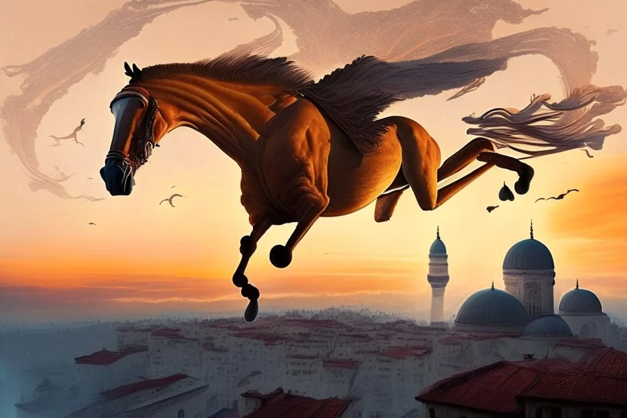 Ultra realistic vibrant antrophpmorphic half-human, half-horse creature (Centaur) with human head flying after a dynamic jump in the sky before a Bird's-eye view of Istanbul at sunset, with Hagia Sofia visible, in the twilight, and fog and mist rolling in between the houses. Pastel brown and orange colors, sepia very attractive fantastic view