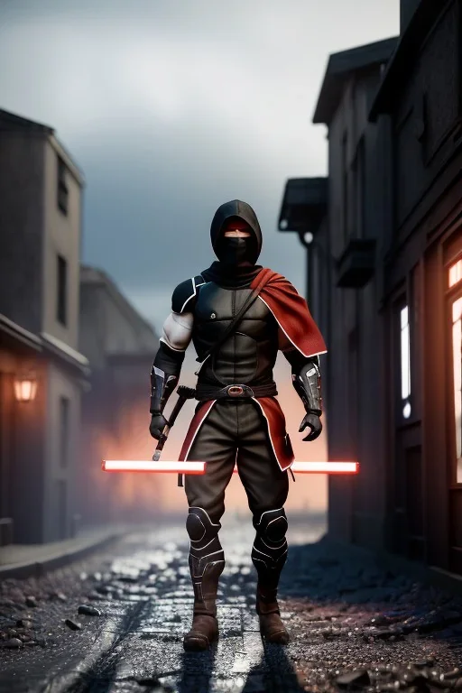 muscular ninja assassin, athletic build, wearing black and red baggy pants with pockets, dark hood and balaclava mask, tan skin, big boots, dark hazel eyes, eyes are both in proportion and green, 3/4 look, short brown hair, large arms and hands, standing, dark cobblestone alley, one halo white light behind head, non photorealistic rendering in the art style of j.scott campbell