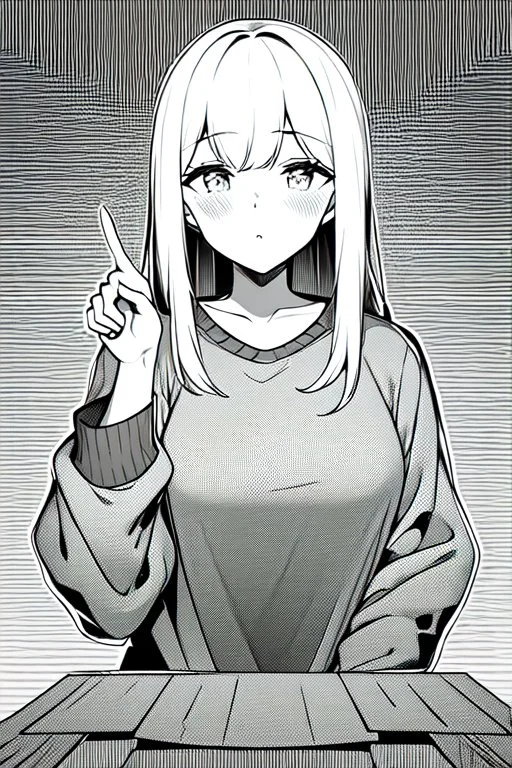 girl dressed in a loose sweatshirt and with one hand resting on her heart, line arts, greyscale