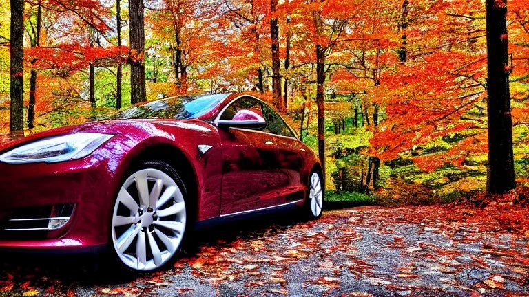 A Tesla's 'Model S Plaid' is parked, in the 'Great Smoky Mountains' National Park, in Tennessee. CINEMATIC. WIDE ANGLE LENS. PHOTO REAL.