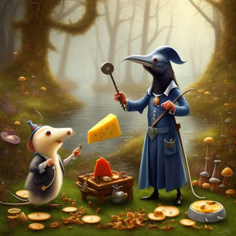 A Plague Doctor (AND) a Mouse having a port & cheese party in a forest of mushrooms by a river, art by Pixar and Disney