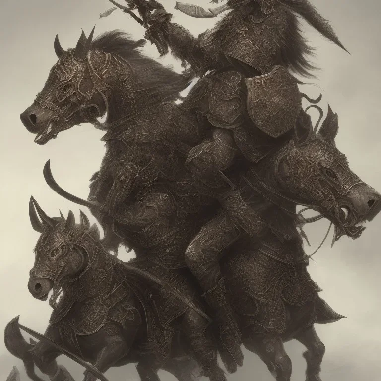 Nomad cavalry. Warriors. Leather armor. Damascus steel. Black. Sharp details. Roar. Fast galloping.