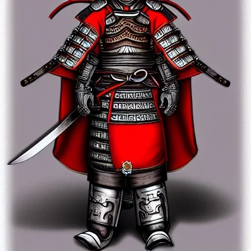 Personnage détaillé, chat, anthropomorphique, habillé comme un samurai, armure très détaillé, rouge, argent.