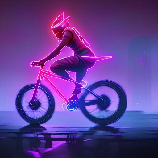 photo of a ninja riding a bike; in an alternate universe in tokyo; cyberpunk; realistic; rain; neon signs