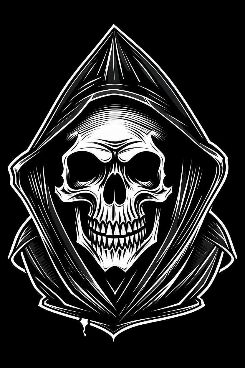 comedic skeleton in a black hooded cloak drawn in a retro vector mascot style, inside a diamond shape on a black background, monochromatic