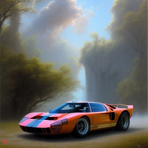 hyperrealism Drawing of 'Ford GT40' three quarter frontal aerial view, by gaston bussiere, greg rutkowski, yoji shinkawa, yoshitaka amano, tsutomu nihei, donato giancola, tim hildebrandt,oil on canvas, cinematic composition,Sharp detail,extreme detail,fit full head inside picture,16k