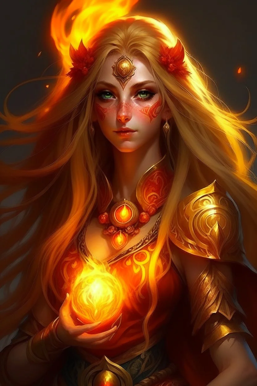 Female eladrin druid with fire abilities. Fire textured long golden hair. Tanned skin. Big red eyes with touch of fire .