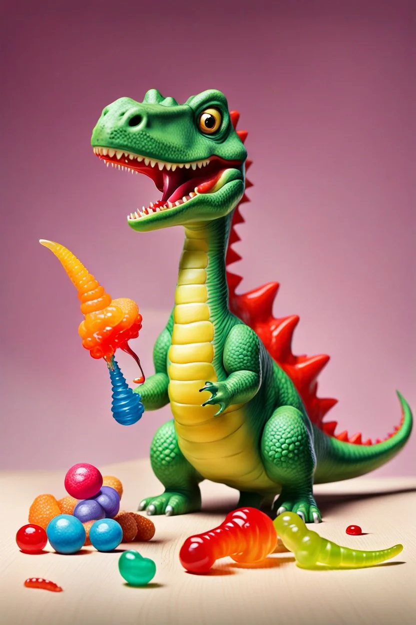 In this still life painting, a small plastic dinosaur is facing off with a gummy worm, both looking rather stern. The dinosaur has its tiny arms crossed in defiance, while the gummy worm seems to be attempting to reason with it. Meanwhile, a lone marshmallow sits nearby, looking bewildered by the whole situation. It's a humorous take on the clash between toys and sweets, with a touch of dry wit.