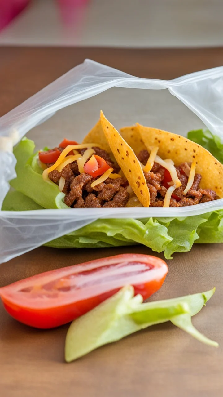 "Taco in a Bag" which consists of an open Doritos chip bag containing Doritos chips and cooked ground beef and lettuce and shredded cheese and tomato pepper and onions, food blogger photography