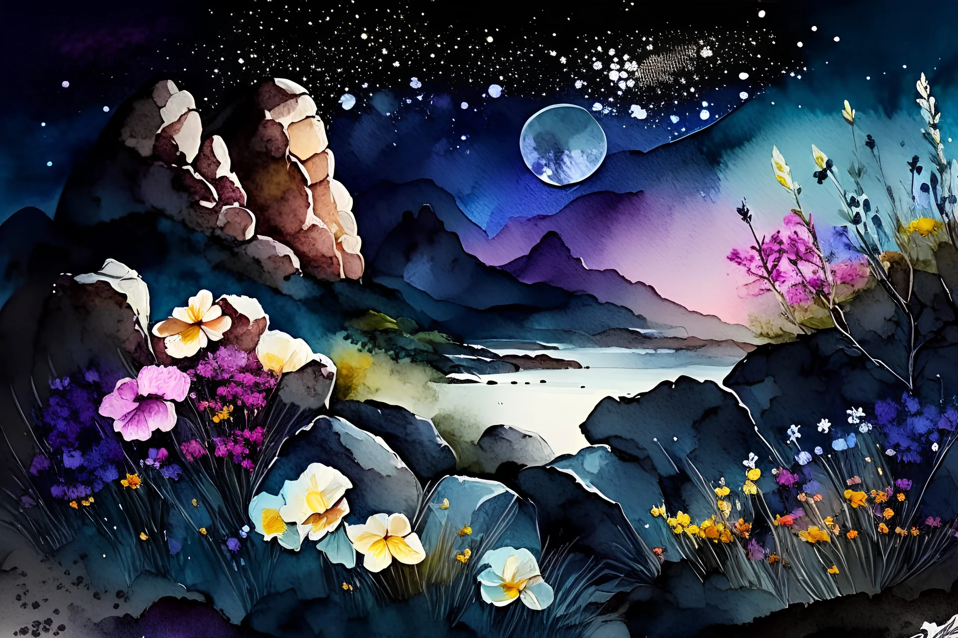 night landscape with flowers, rocks, mountains, watercolor paintings