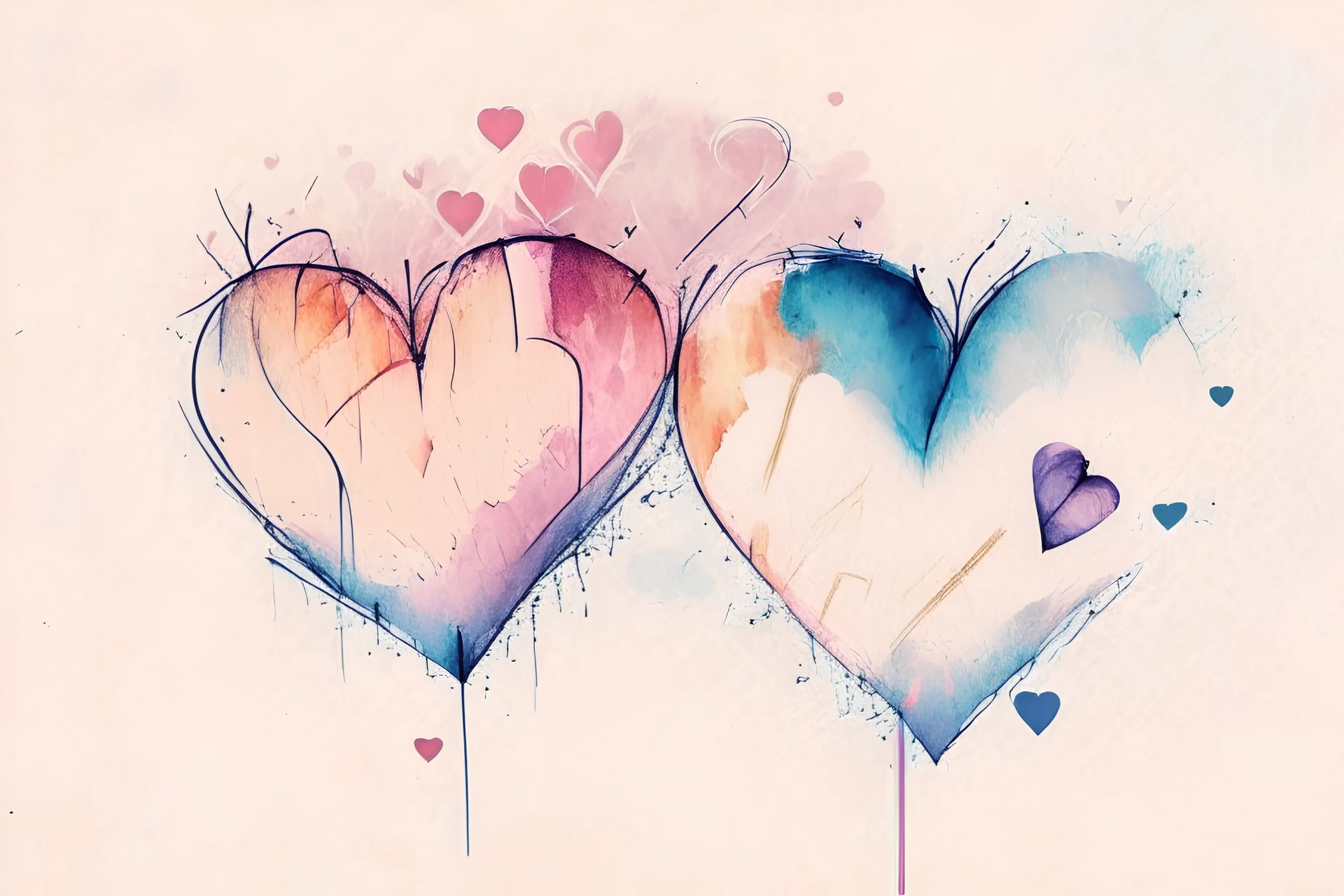 Abstract watercolour hearts with sketchy pencil outlines