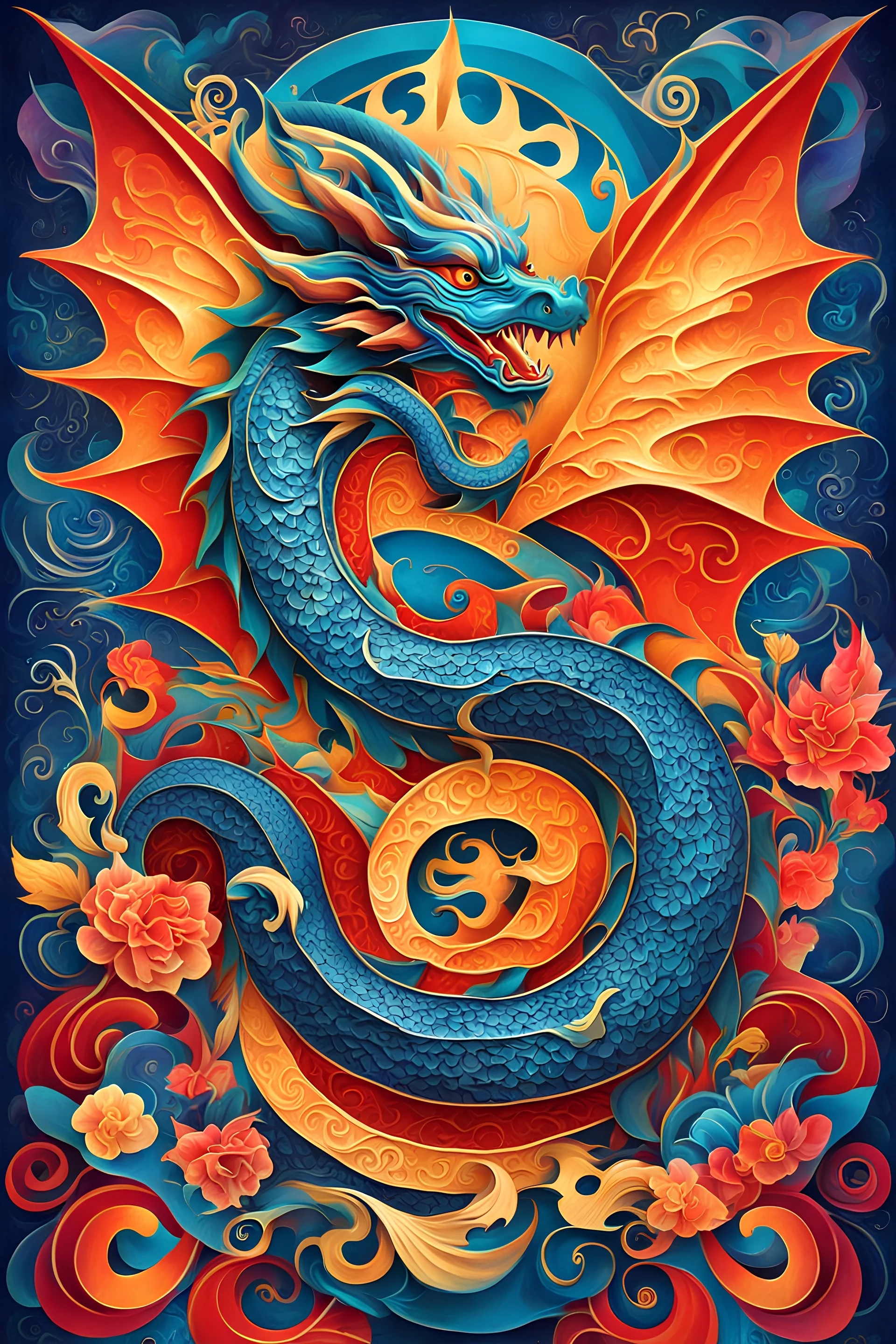 dragon chinese year poster, chinese callygraphy, " 2024 " , Picasso drawing style, sharp focus, 8k, 3d, very detailed, very colorful, ornate, grim, fine artt, low poly geometric, whimsical , insanely detailed and intricate, glowing, translucent, beams, botero, brush strokes