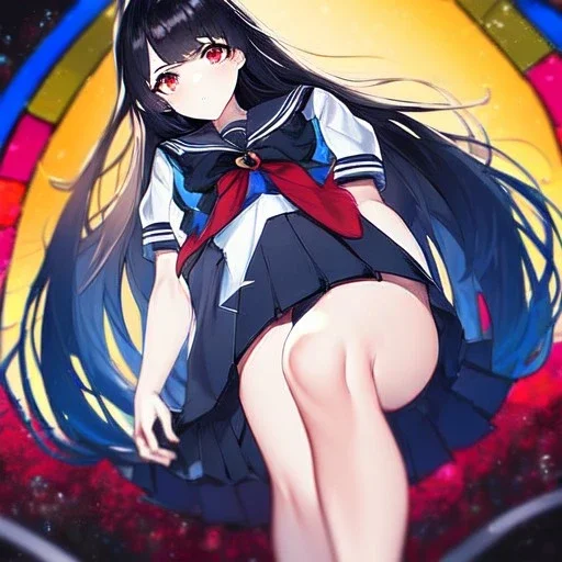 Clear focus, High resolution, long black fluffy hair, red eyes, chopped bangs, wearing a sailor uniform, wearing a sailor skirt, colorful, hollywood, female, human, mortal, thin legs, no outlines, extreme close up