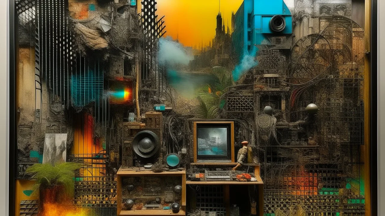 cyberpunk, exquisite mixed media collage artwork showcasing a vibrant and eclectic combination of fabrics, papers, photographs and other found objects artfully arranged in a cohesive and visually striking composition, vintage sepia, vapor wave, neon colors, science fiction, detailed scene