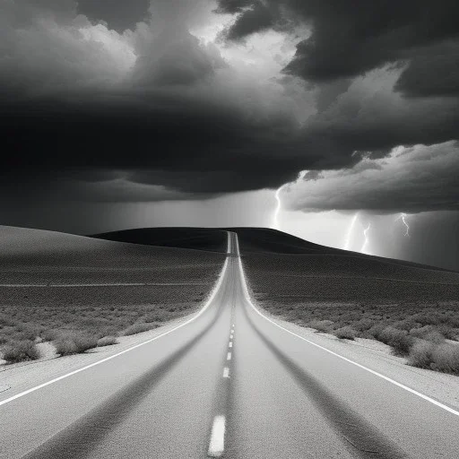 desert, storming, lightning, rain, dunes, black and white, road, landscape