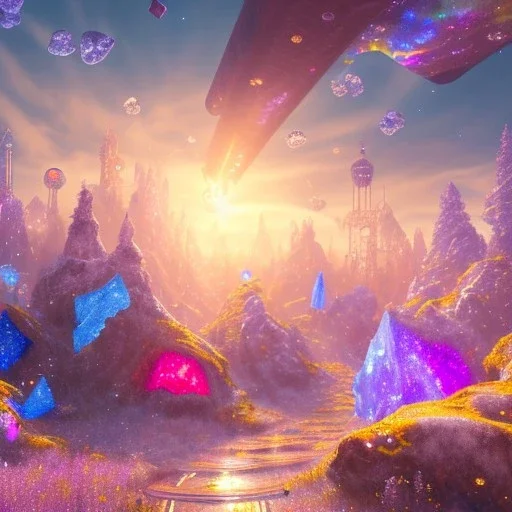 blue gold and violet landscape with multicolored crystals falling from the sky, full of details, smooth, bright sunshine，soft light atmosphere, light effect，vaporwave colorful, concept art, smooth, extremely sharp detail, finely tuned detail, ultra high definition, 8 k, unreal engine 5, ultra sharp focus