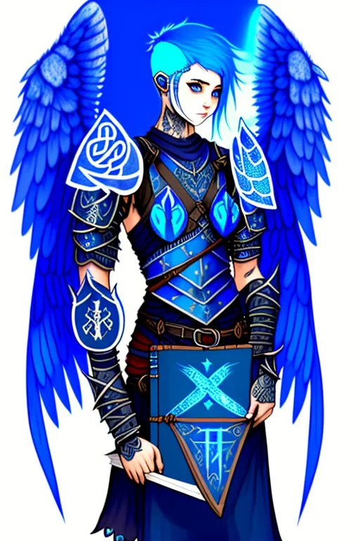 a person in runic armor with blue wings, blue short hair, runic tattoo and spell book