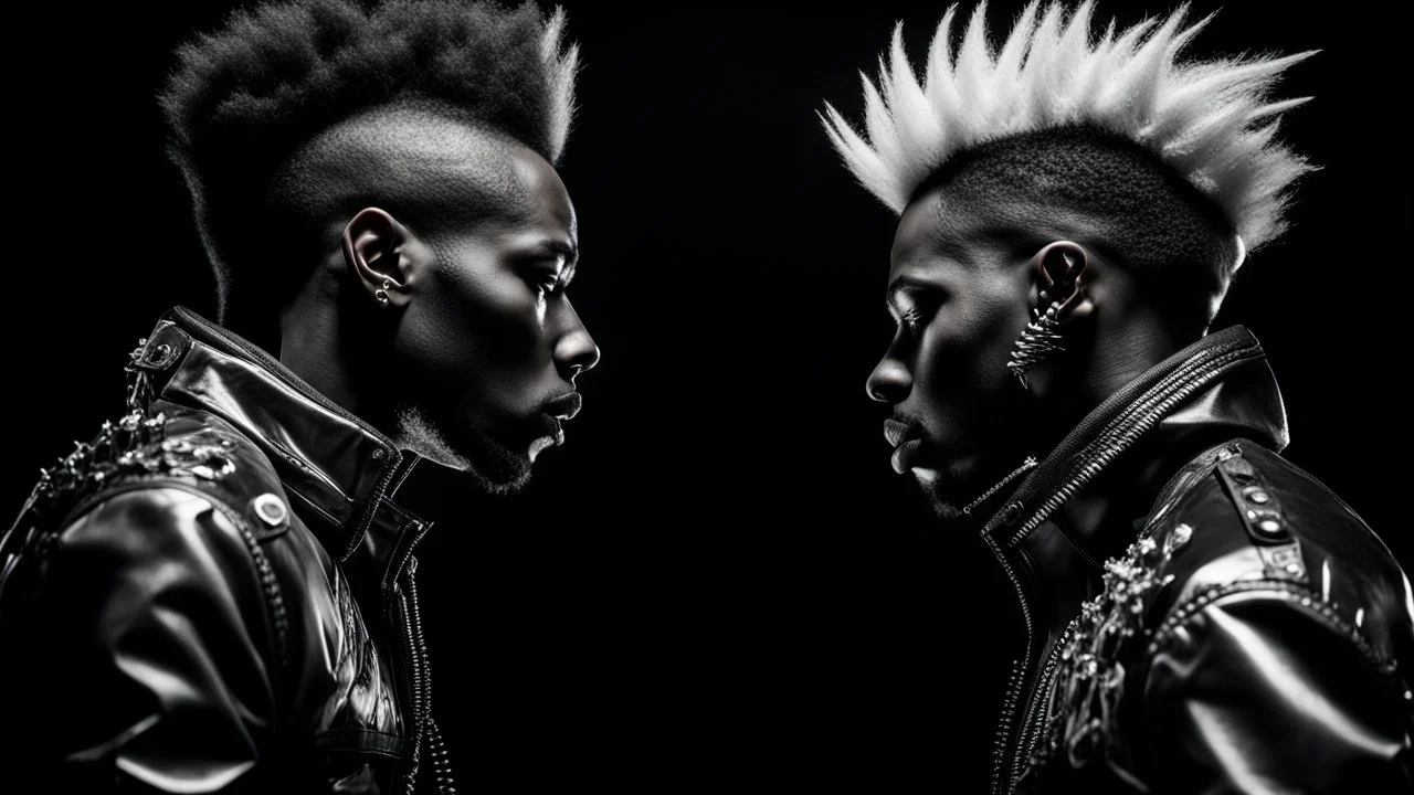 two Afro-American males facing each other in profile, confrontational stance, high-contrast black and white, deep shadows, bright rim lighting, dark studio background, punk spiked mohawk hairstyles, metallic reflective jackets, skin highlights, intricate chrome ear frames and jawline exoskeleton jewelry, biomechanical ear cuffs, sculptural contours, sharp silhouettes, cinematic low-key photography, cyberpunk aesthetic, symbolic duality, tension, dramatic